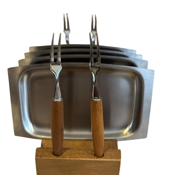 MCM snack tray w/serving Forks Japan Appetizer Fork Set Wooden Stand NOS - Picture 1 of 7